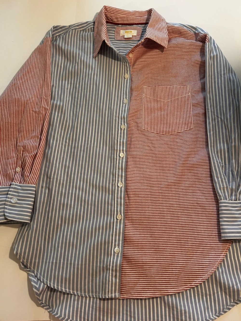Anthropologie MAEVE Mixed-Stripe Button Shirt in Blue & Red-Orange